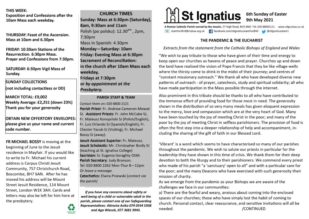 Parish newsletter for Sunday 9th May 2021 – 6th Sunday of Easter Year B ...