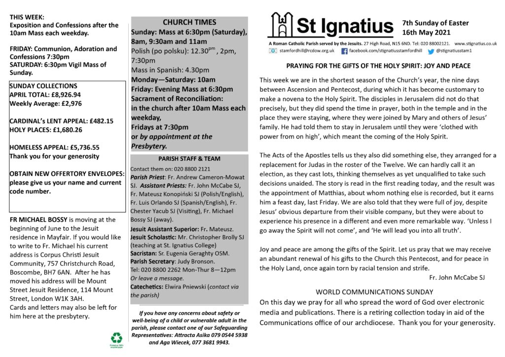 Parish newsletter for Sunday 16th May 2021 – 7th Sunday of Easter Year ...